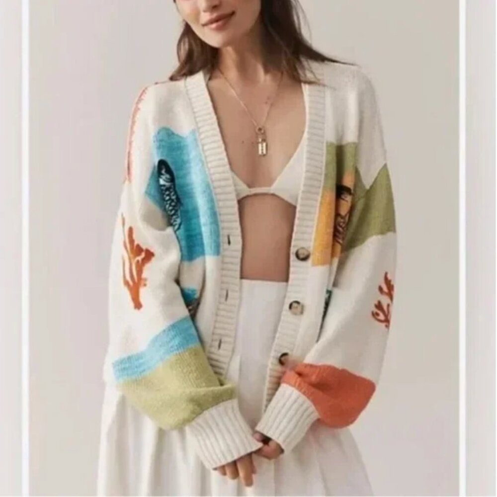 Anthropologie Pilcro Fish Graphic Knit Cardigan Sweater size M - Picture 3 of 8